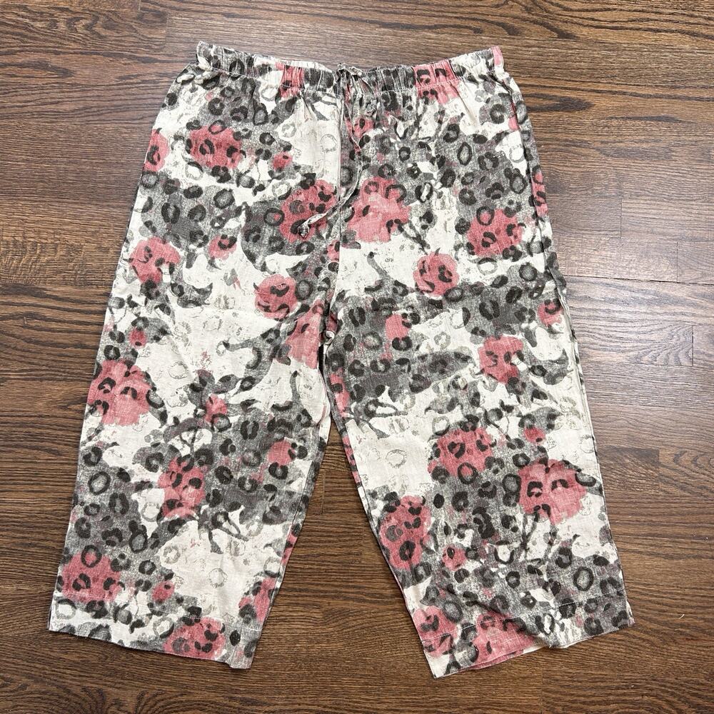 Hot‎ Cotton Marc Ware Pants Women XL Linen Pink Leopard Floral Wide Leg Cropped